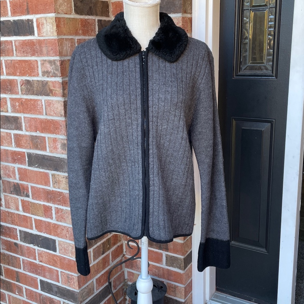 Herman Geist Wool With Faux Fur Zip Up Cardigan Sweater
